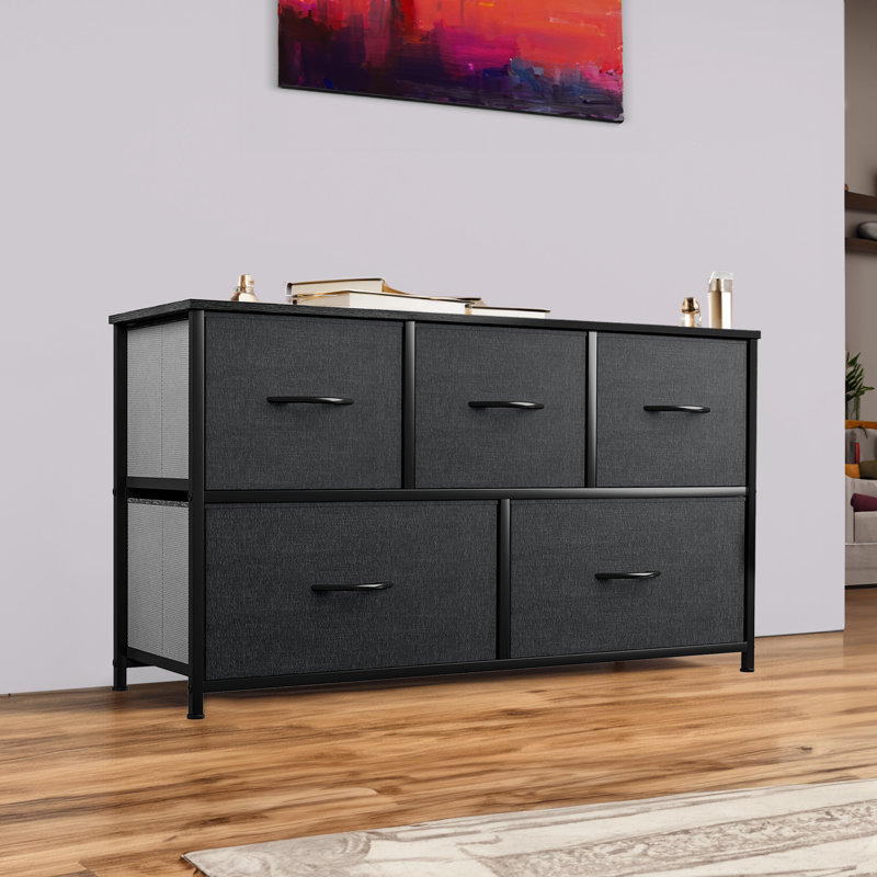 Kathiria 39.4"W 5 Drawer Small Dresser, Kid Dresser, Black Wood