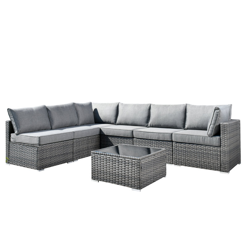 Lava 7 Piece Rattan Sectional Seating Group With Cushions, Gray