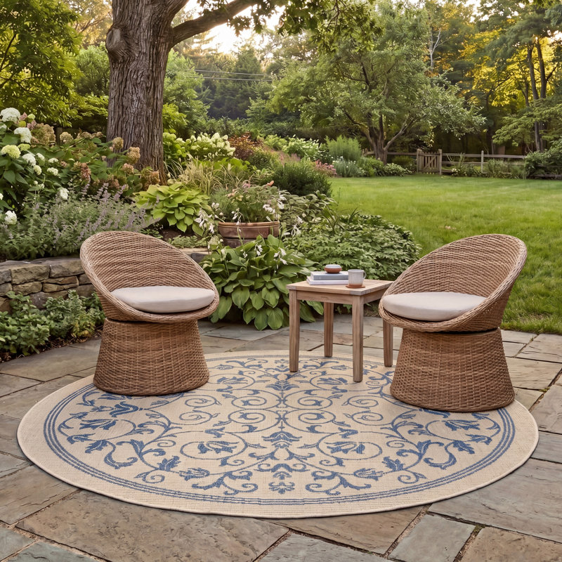 Arneshia Floral Tan/Blue Indoor/Outdoor Area Rug, Round 5'3"
