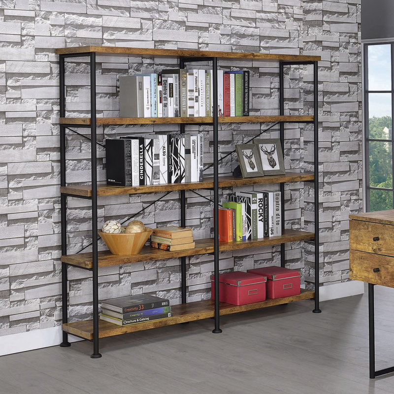Wood and black metal brown-toned double-wide bookcase for storing books and displaying decor, industrial transitional style