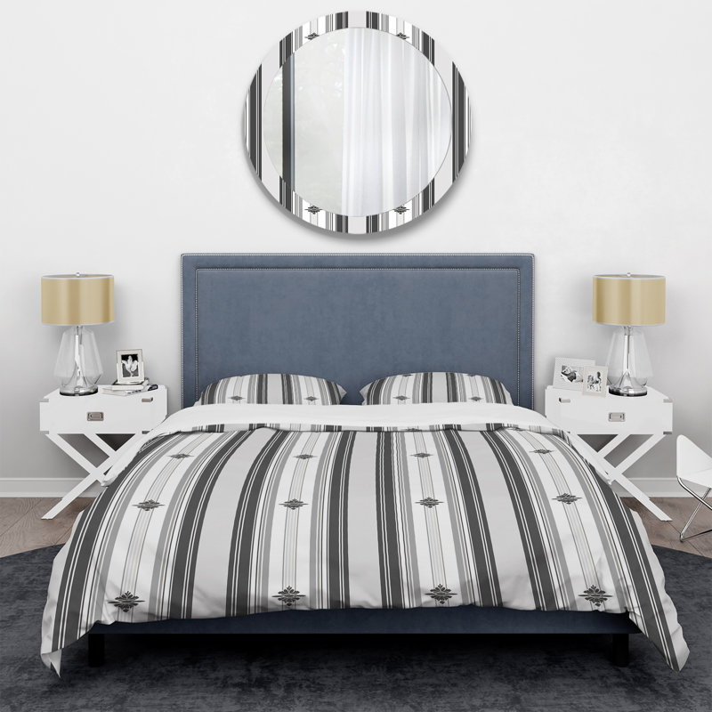 Ensemble de housse de couette moderne gris et blanc à rayures fines, Housse de couette pour grand lit + 2 taies décora