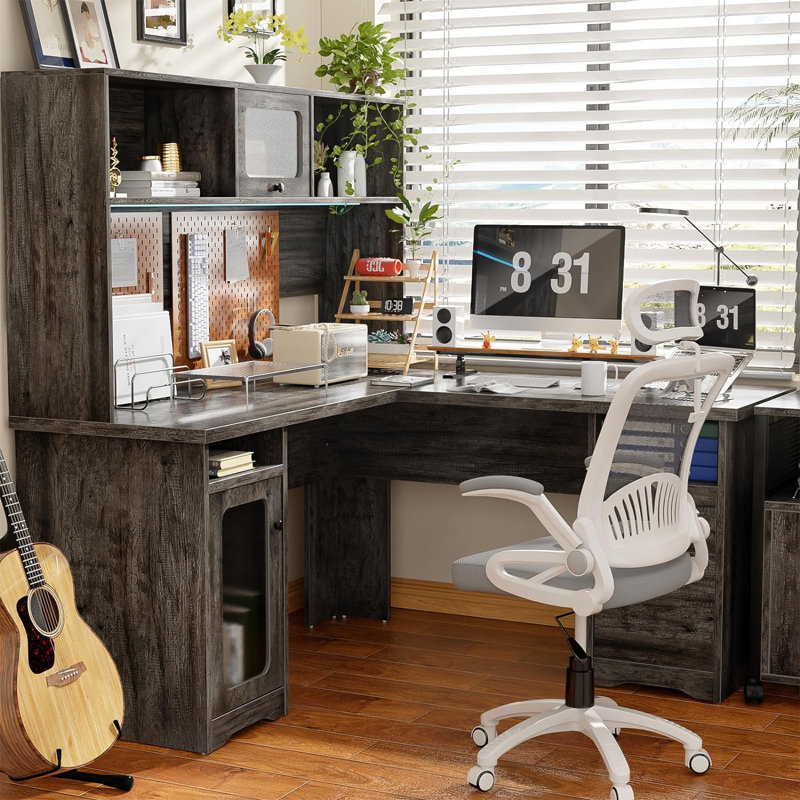 Vello L Shaped Executive Desk with Drawers, Power Outlet, LED Lights, Hutch and File Cabinets, Gray