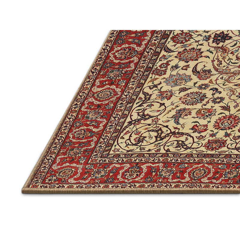 Tapis traditionnel rouge / crème / brun clair Hildebran, Rectangle 3 pi x 5 pi