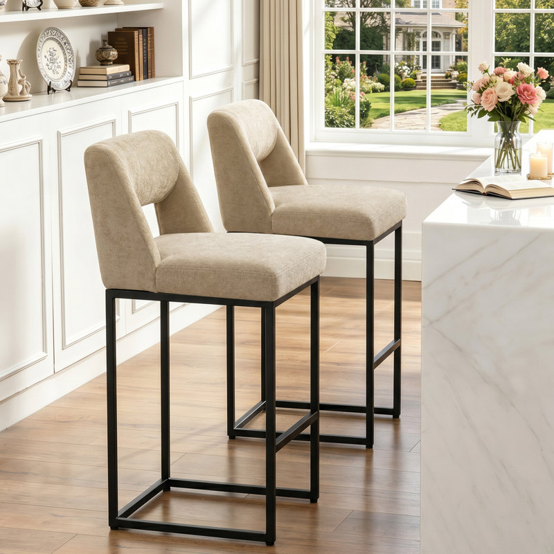 26" Upholstered Counter Barstool With Low Back And Metal Frame Modern Kitchen Island Seating, Beige Seat/ Black Frame