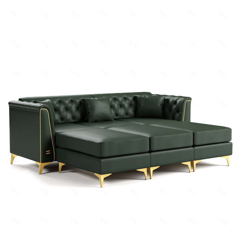 Canapé Chesterfield modulaire 3 places, canapé en similicuir capitonné à la main, accoudoirs garnis de métal et pieds minces en métal, comprend 3 coussins