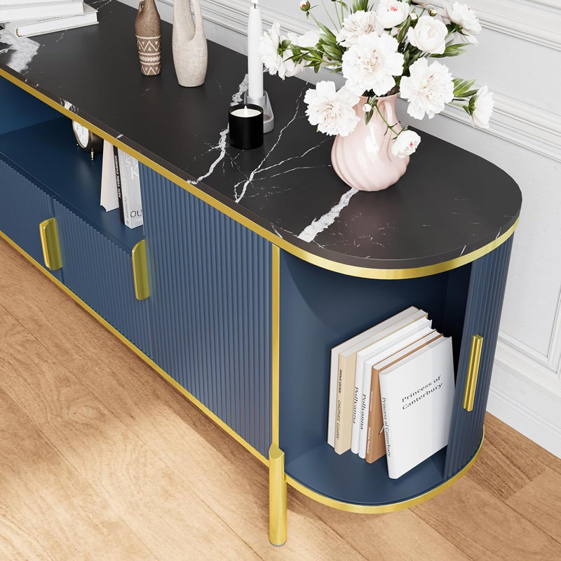 70" Modern TV Stand Console with Faux Marble Top & Curved Sliding Doors - Adjustable Shelves for TVs Up to 80", Fluted Design Wood TV Console Entertainment Center