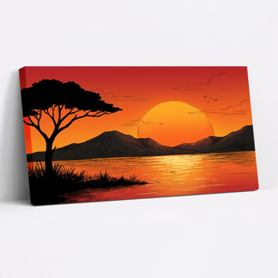 Tableau sur toile tendue représentant un paysage de coucher de soleil avec arbre et montagnes (lot de 1)