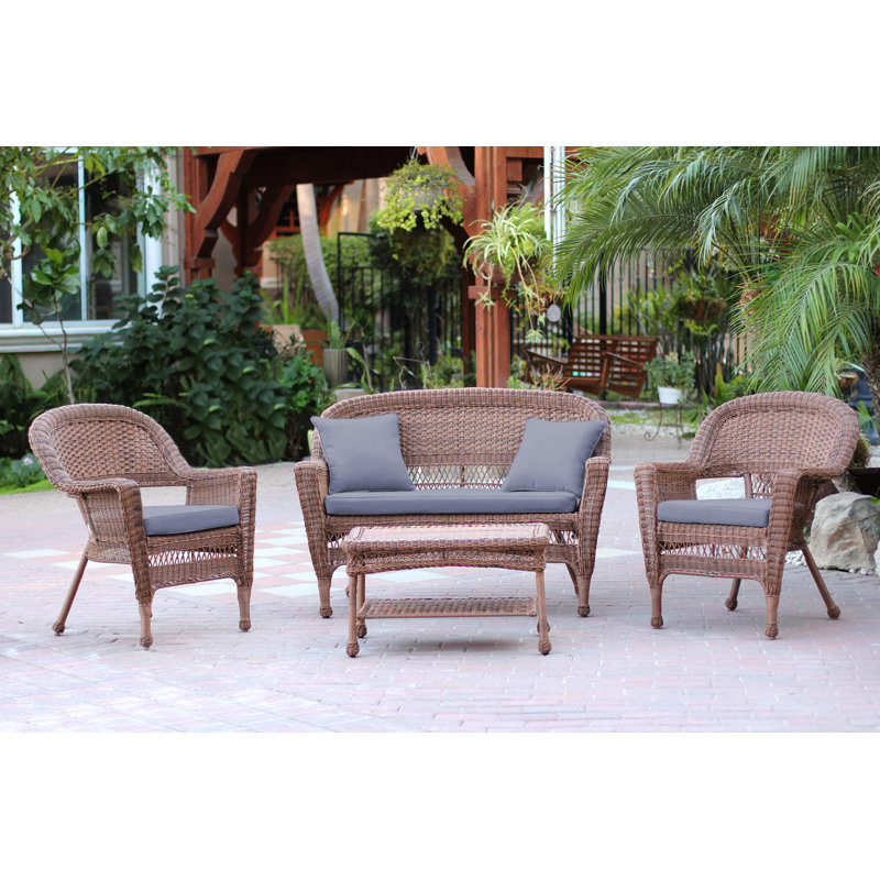 Cecilton 4 Piece Rattan Sofa Seating Group , Honey, Steel Blue