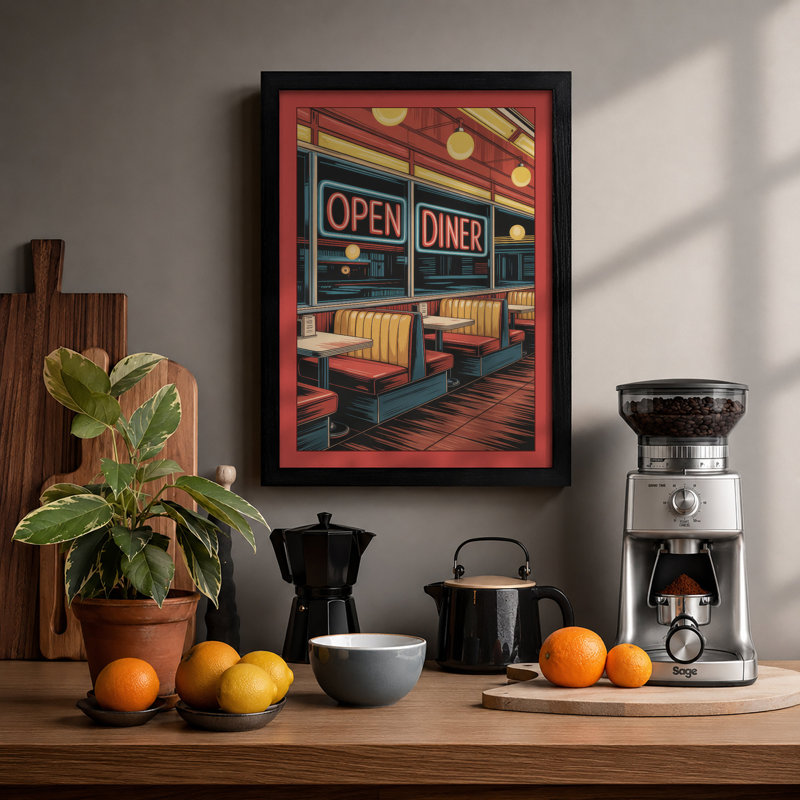 Neon Diner Glow Retro - Framed Print, Black, A4 - 29.7 x 21.0 cm