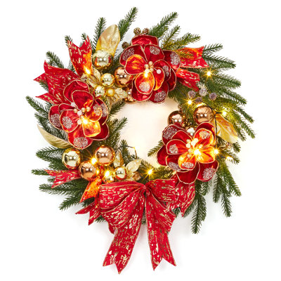 Couronne de Noël de 24 po, couronne de porte avant illuminée avec un arc rouge et des fleurs, aiguilles de pin artificielles