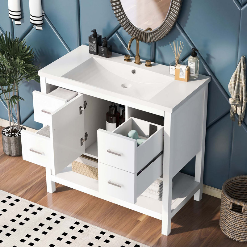 Ensemble de meuble-lavabo simple 36 po avec plateau en résine Eliseiu, Blanc