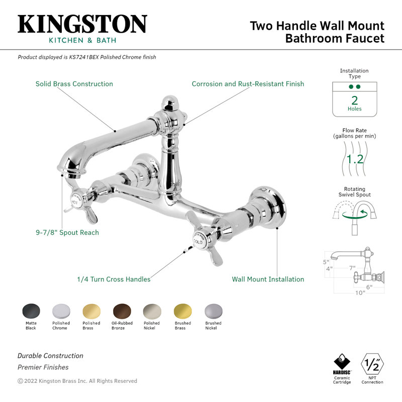 Kingston Brass Essex Two-Handle 2-Hole Wall Mount Bathroom Faucet, Brushed Nickel