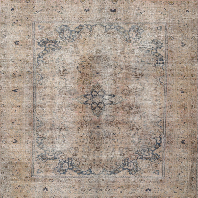 Tapis oriental beige / rose clair en laine, Carré 7 pi