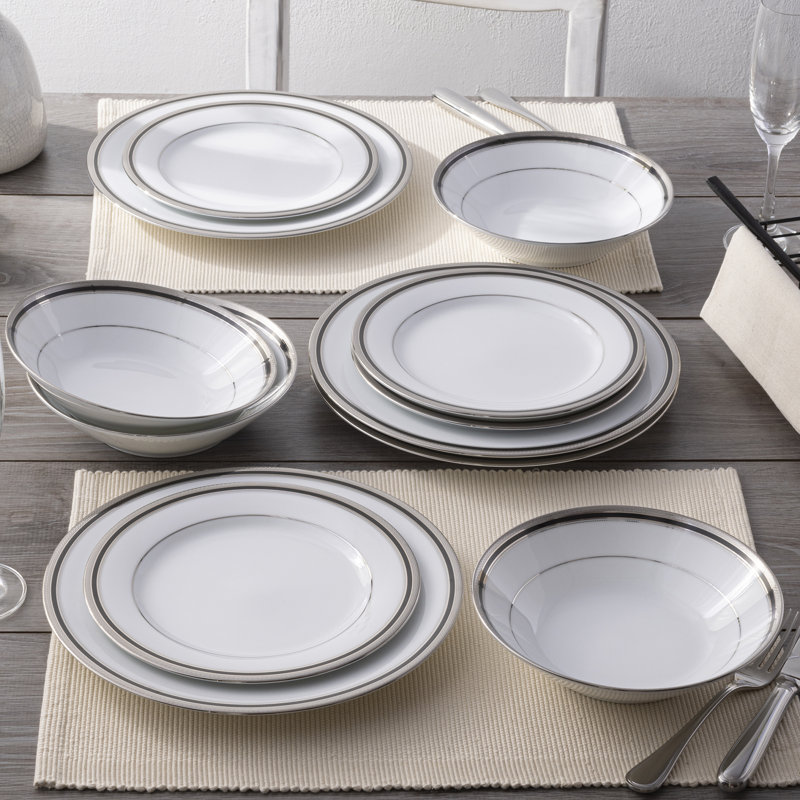 Austin Platinum 12-Piece White Porcelain Dinnerware Set with Metal Accents