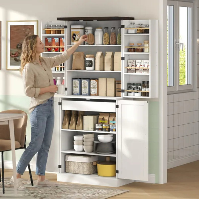 Armoire de cuisine 72 po de hauteur, armoire de rangement de style campagnard avec 8 étagères de porte et 8 tablettes réglables, blanc