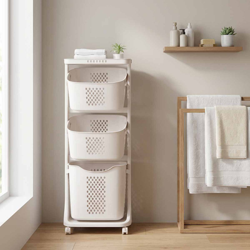 3- Tier Plastic Rolling Laundry Basket With Handles,  Modern Home Organizer Storage Rack