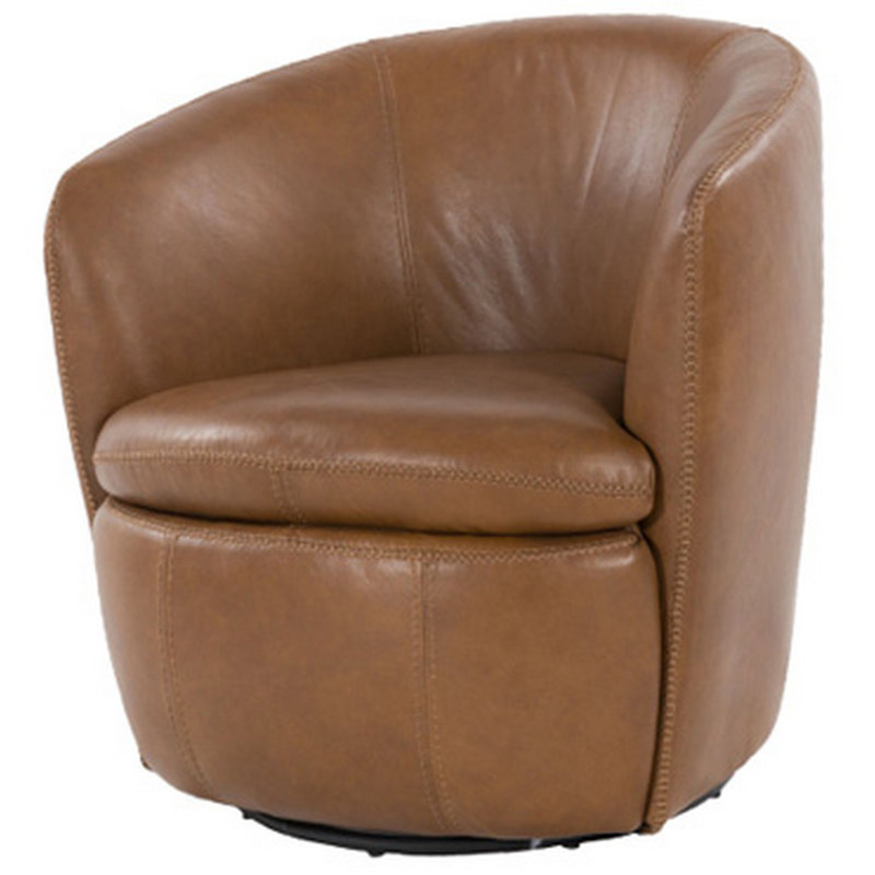 Fauteuil d'appoint pivotant Niko, conception en baril rond, cuir fleur, Cuir véritable brun