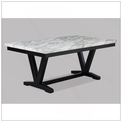 Modern White Faux Marble & Black Dining Room Rectangular Table V-Shape Trestle Design Wooden Base 1Pc Furniture