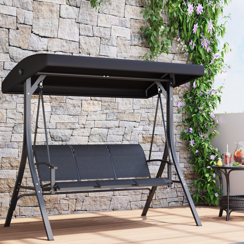 Balancelle d'extérieur 3 places pour patio - Auvent réglable, Textilene respirant, Coussins épais, Structure en acier durable, Banc oscillant pour jardin, cour, bord de piscine, noir - 3