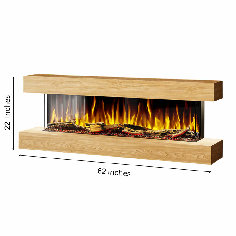 Studio 5 | Oak or Walnut | 62-inch Wall Mounted Electric Fireplace | Fully Assembled | 3-sided Panoramic Flame | Remote Control | Led Side Lights