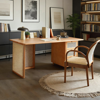 Modern Solid Wood Desk with Rattan and 3 Drawers