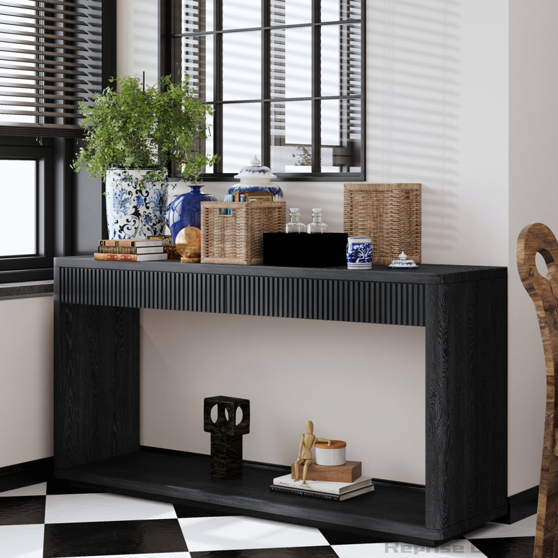 60 Inch Modern 2-Drawer Fluted Console Table With Natural Wood Veneer For Living Room, Hallway, Entryway, Home Office, Black