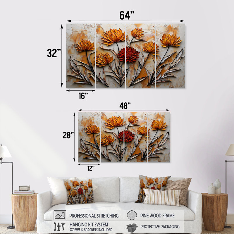 Coucher de soleil chardon Harmony II - chardon, art mural - ensemble de 4 pièces, H 28 po x l 48 po