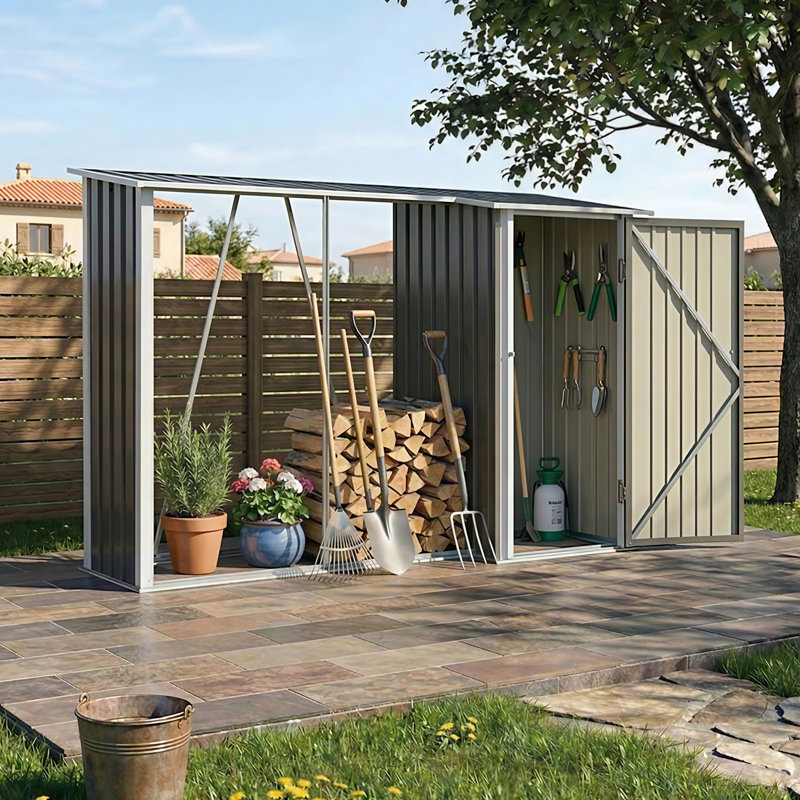 2-in-1 Outdoor Metal Storage Shed with Open Firewood Storage Nook
