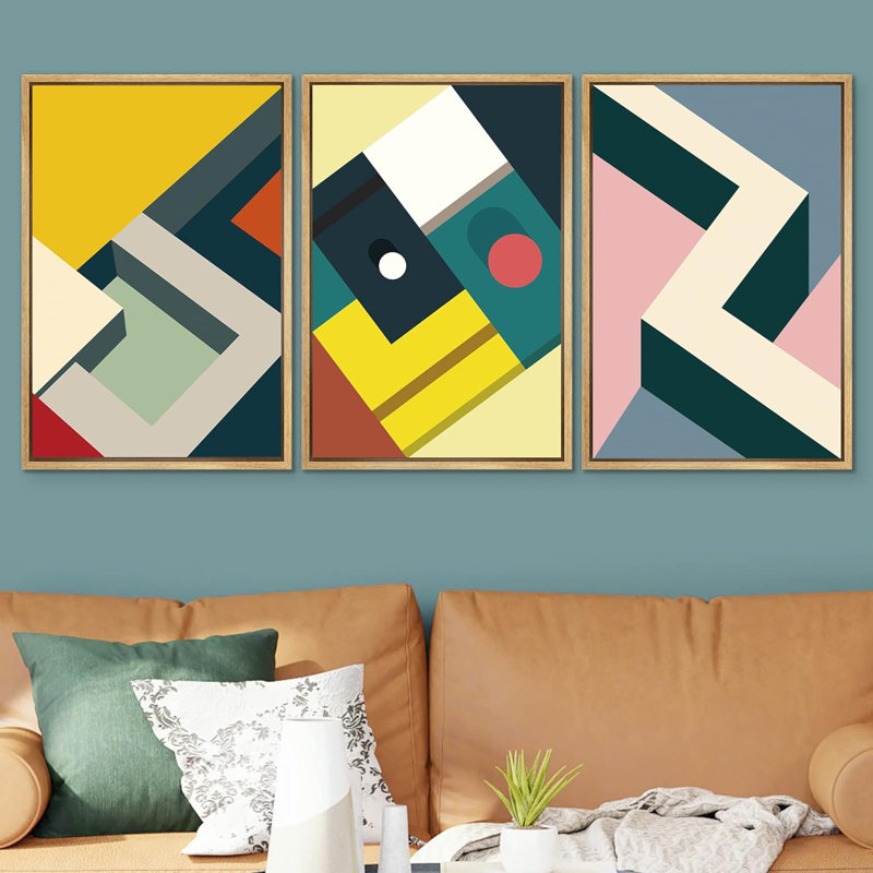 " Mid Century Illusion Pastel Colour Blocks Abstract Shape Illustration Modern Art Chic Multicolor " 3 - Pieces, Naturel