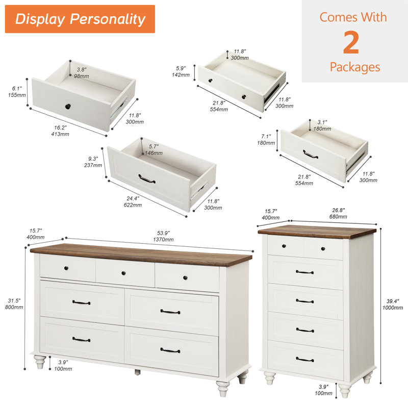 Ensemble de commode 2 pièces - Comprend une commode à 5 tiroirs et une commode à 7 tiroirs, Blanc cassé