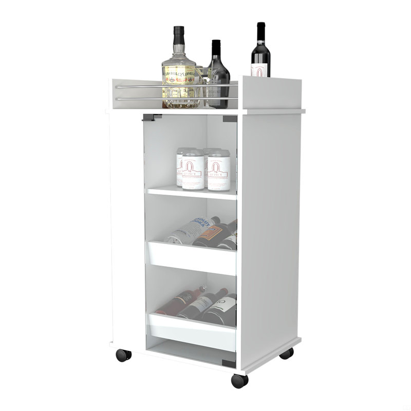 Glass Door Bar Cart With Bottle Holder And Casters, White