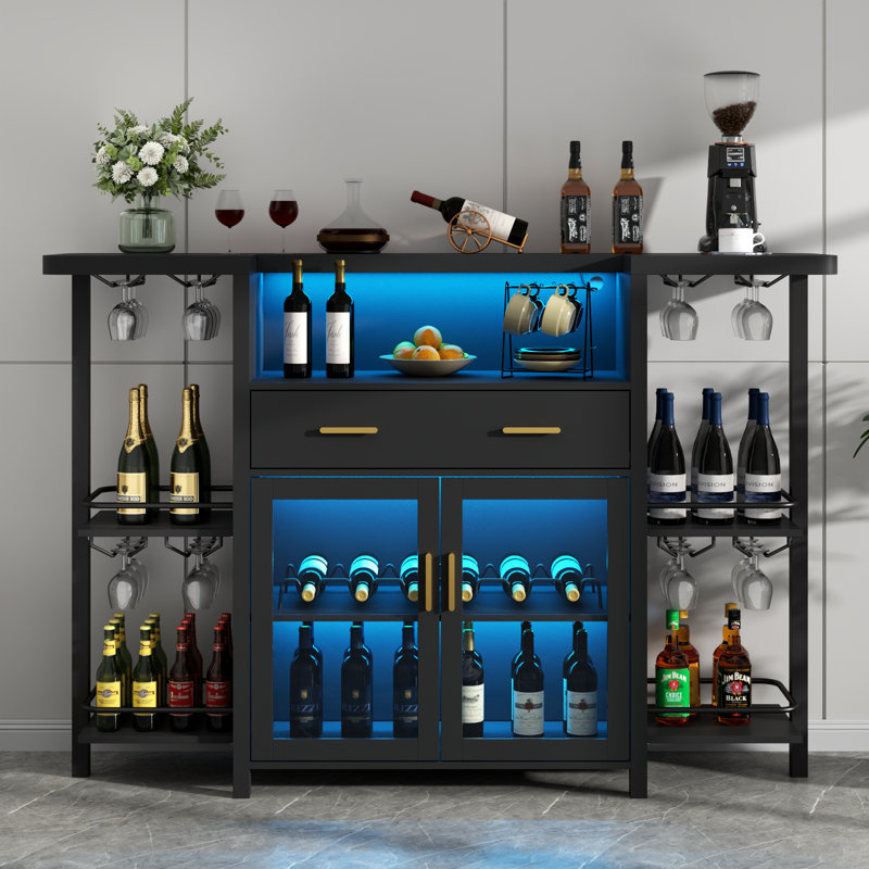 Bar Table Cabinet With LED Lights & Drawer, 8-Tier Wine Cabinet With Wine Rack & Stemware Holder, Liquor Cabinet With Glass Door For Home Pub