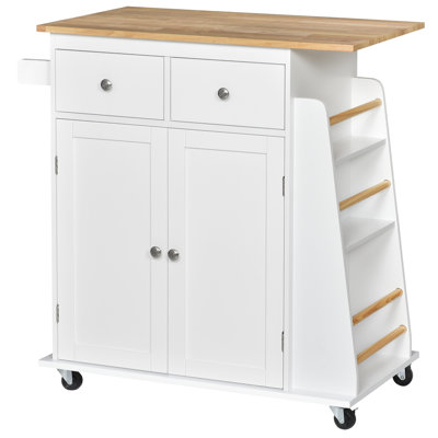HOMCOM Kitchen Island on Wheels with Rubber Wood Top and 2-Door Cabinets