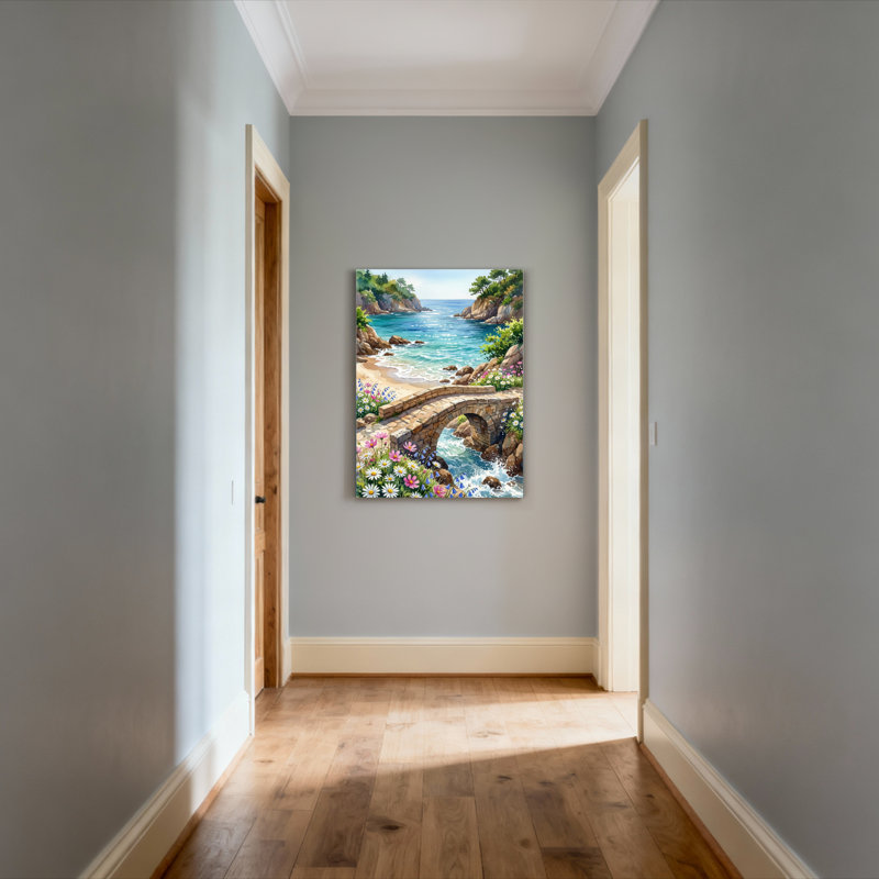 Ensemble de 1 tableau sur toile tendue représentant un pont côtier et des fleurs, H 18 po x l 12 po