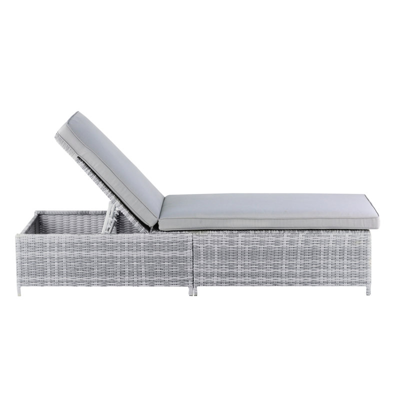 Elle Decor Gray Wicker Outdoor Chaise Lounge with Cushions and Storage