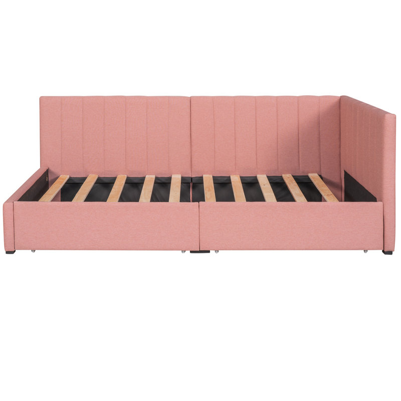 2 Storage Drawers Daybed In Pink Linen Upholstery, Twin Size - No Box Spring, Solid And Attractive Bed Construction Upholstered With Drawer Storage, Robust Alluring