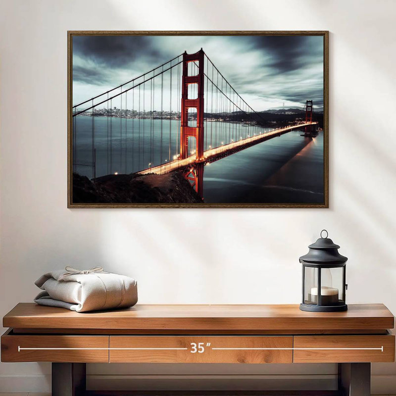 Nuage de tempête Golden Gate Bridge, 25 po x 17 po, Cadre flottant en noyer
