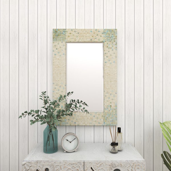 Mother of Pearl Shell Handmade Mosaic Room Wall Mirror with Blue Corners, 36.13"  x 24" 