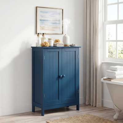 Armoire de salle de bain, armoire de rangement en bois avec 2 portes et 3 tablettes réglables bleu prussien