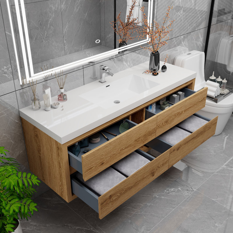 Meuble-lavabo simple 59 po avec plateau en acrylique Cresco, Bois jaune