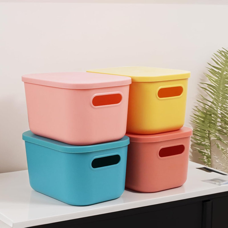 Ensemble de 6 petits bacs de rangement avec couvercles, boîtes de rangement empilables en plastique pour organiser vos affaires, paniers d'étagère (6 couleurs, petit format)