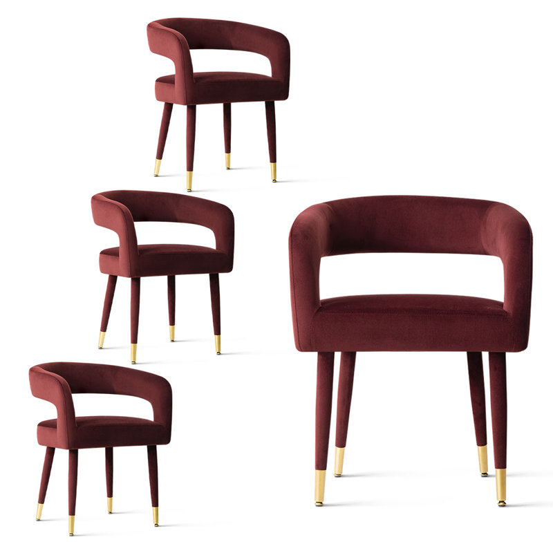 Velvet Upholstered Dining Chairs, Modern Barrel Back Armchairs With Fabric-Wrapped Metal Legs And Gold Caps, Burgundy
