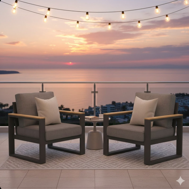 Set Of 2 26.6" All-Weather Aluminum Patio Armchairs With Thick Gray Cushions, Gray
