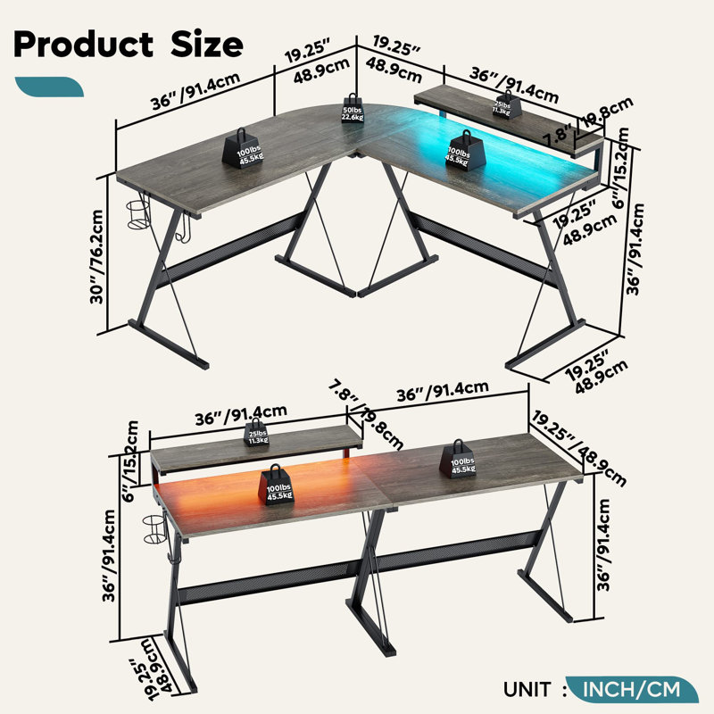 Ivica L-Shaped Computer Desk, Black, Grey