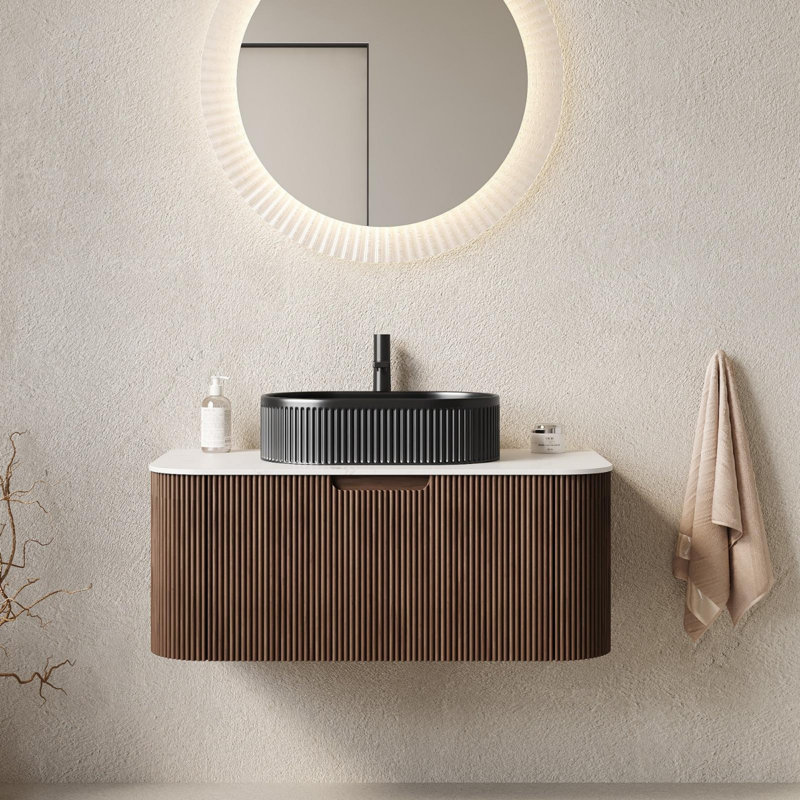 Meuble-lavabo de salle de bain mural moderne avec tiroir, pré-assemblé, Noyer foncé, 36"