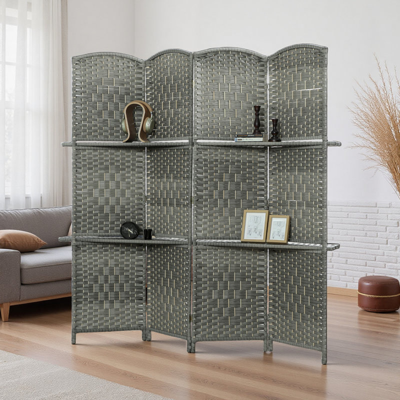 Paravent pliable avec tablettes, paravent 4 panneaux, gris, 4