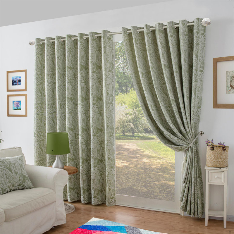 Zamora Chenille Jacquard Ring Top Curtains Pair, 229cm Width x 274cm Drop, Green
