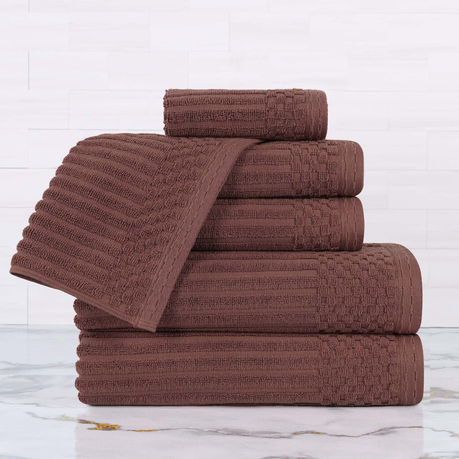 6-Piece Checkered Border Cotton Towel Set, Brown