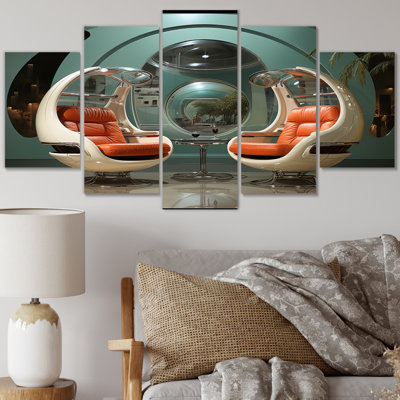 Corail bleu sarcelle Mid Century Futuristic Furniture - impression sur toile Mid-Century - 5 panneaux