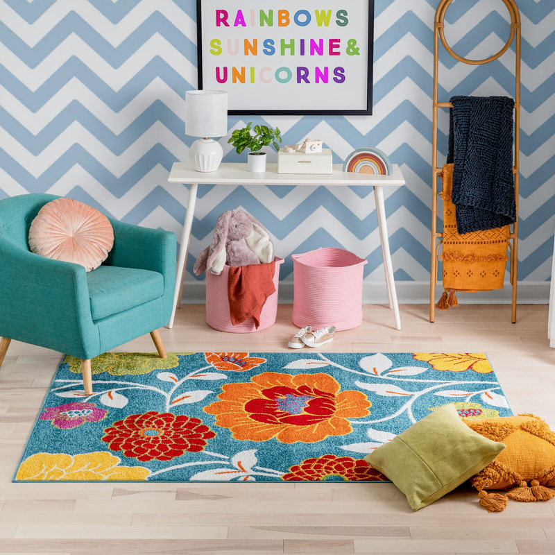 Skadi Blue Kids Floral Playroom Rug, Rectangle 100cm x 150cm